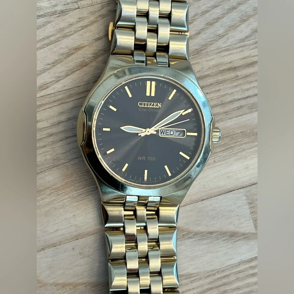 Citizen Eco-Drive Men’s Watch Dark Gray Dial Day Date Window Gold-Tone Bracelet